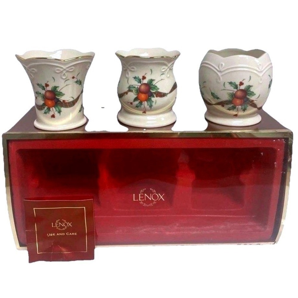 Lenox Holiday Tartan Votives Set of 3 Ivory China Gold Trim Holiday 6435531